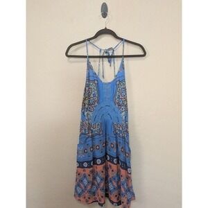 Roxy Blue Paisley Crochet Back Halter Mini Dress Sz M Surf Summer Casual Boho